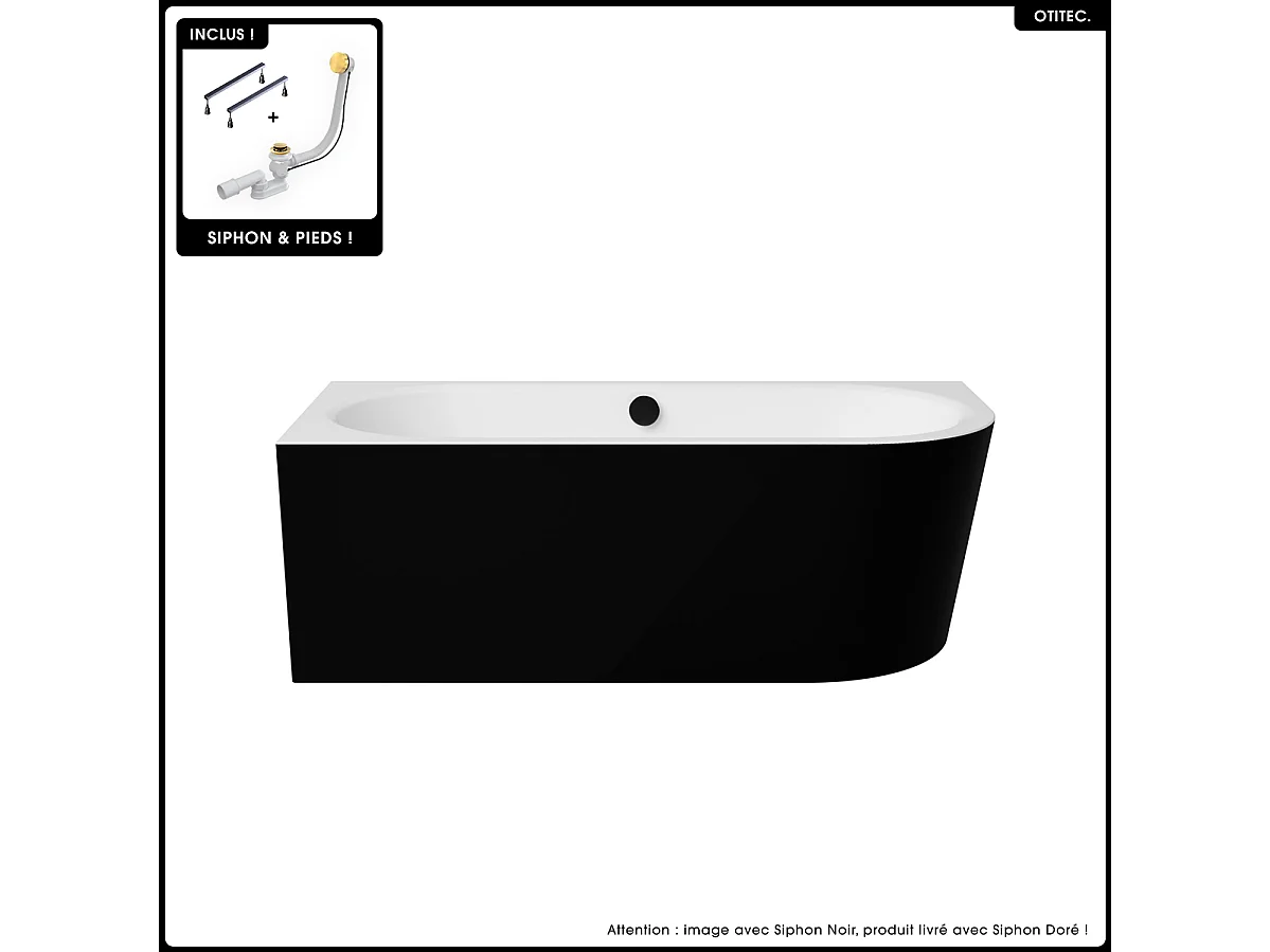 Baignoire asymétrique - 160 x 75 cm - Gauche - Siphon Doré & Pieds - INCLUS - NOIR - AVITA A-LINE