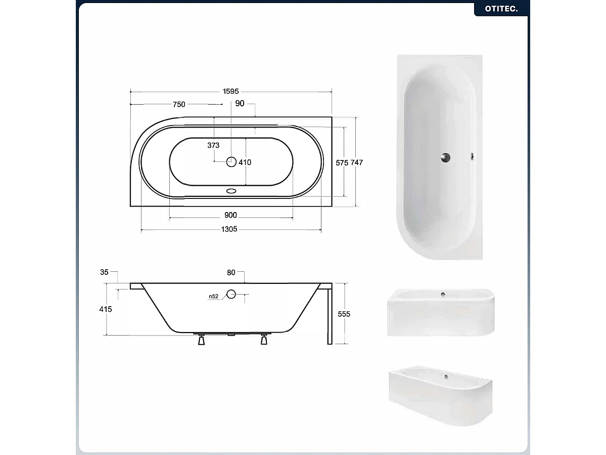 Baignoire asymétrique - 160 x 75 cm - Gauche - Siphon Doré & Pieds - INCLUS - NOIR - AVITA A-LINE