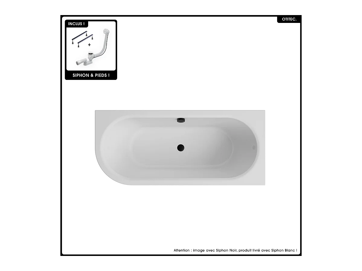 Baignoire asymétrique - 160 x 75 cm - Droite - Siphon Blanc & Pieds - INCLUS - NOIR - AVITA A-LINE
