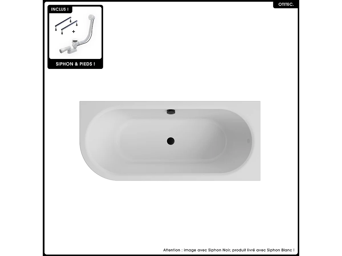 Baignoire asymétrique - 160 x 75 cm - Droite - Siphon Blanc & Pieds - INCLUS - NOIR - AVITA A-LINE