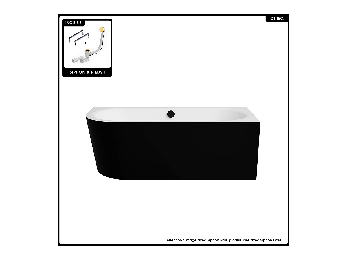 Baignoire asymétrique - 160 x 75 cm - Droite - Siphon Doré & Pieds - INCLUS - NOIR - AVITA A-LINE