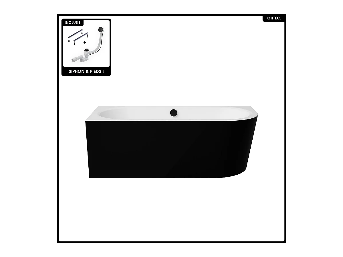 Baignoire asymétrique - 150 x 75 cm - Gauche - Siphon Noir & Pieds - INCLUS - NOIR - AVITA A-LINE