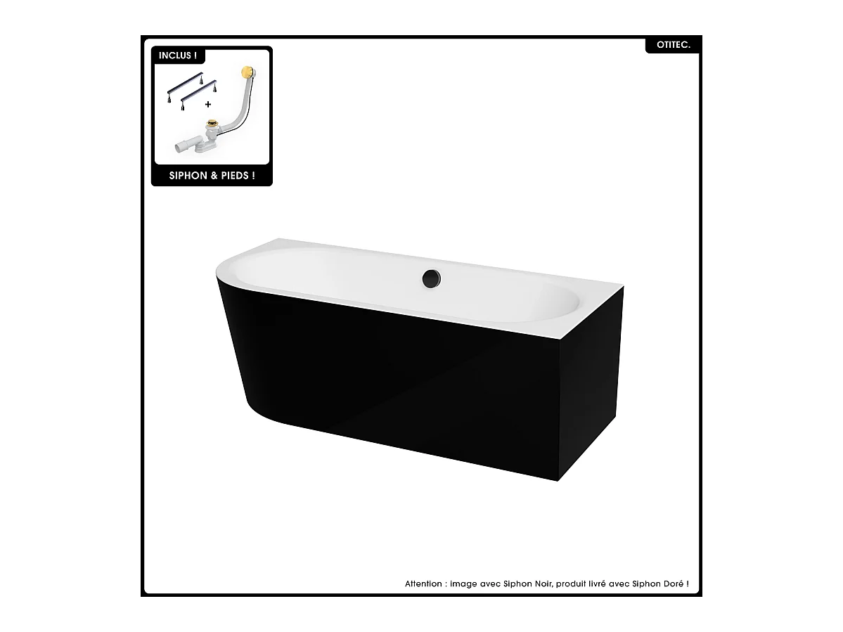 Baignoire asymétrique - 170 x 75 cm - Droite - Siphon Doré & Pieds - INCLUS - NOIR - AVITA A-LINE