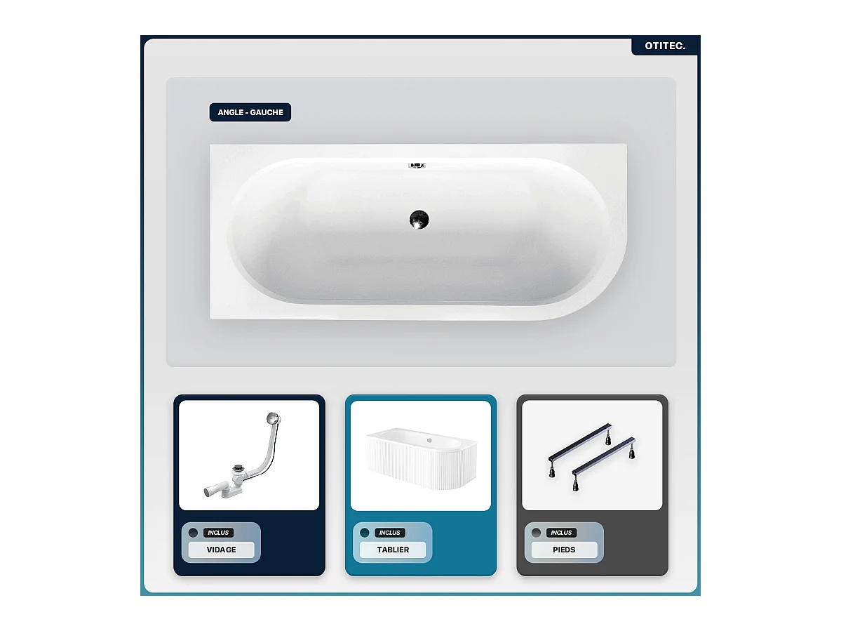 Baignoire asymétrique - 160 x 75 cm - Gauche - avec Tablier Rainuré - Siphon Chrome & Pieds - INCLUS - AVITA WHITE