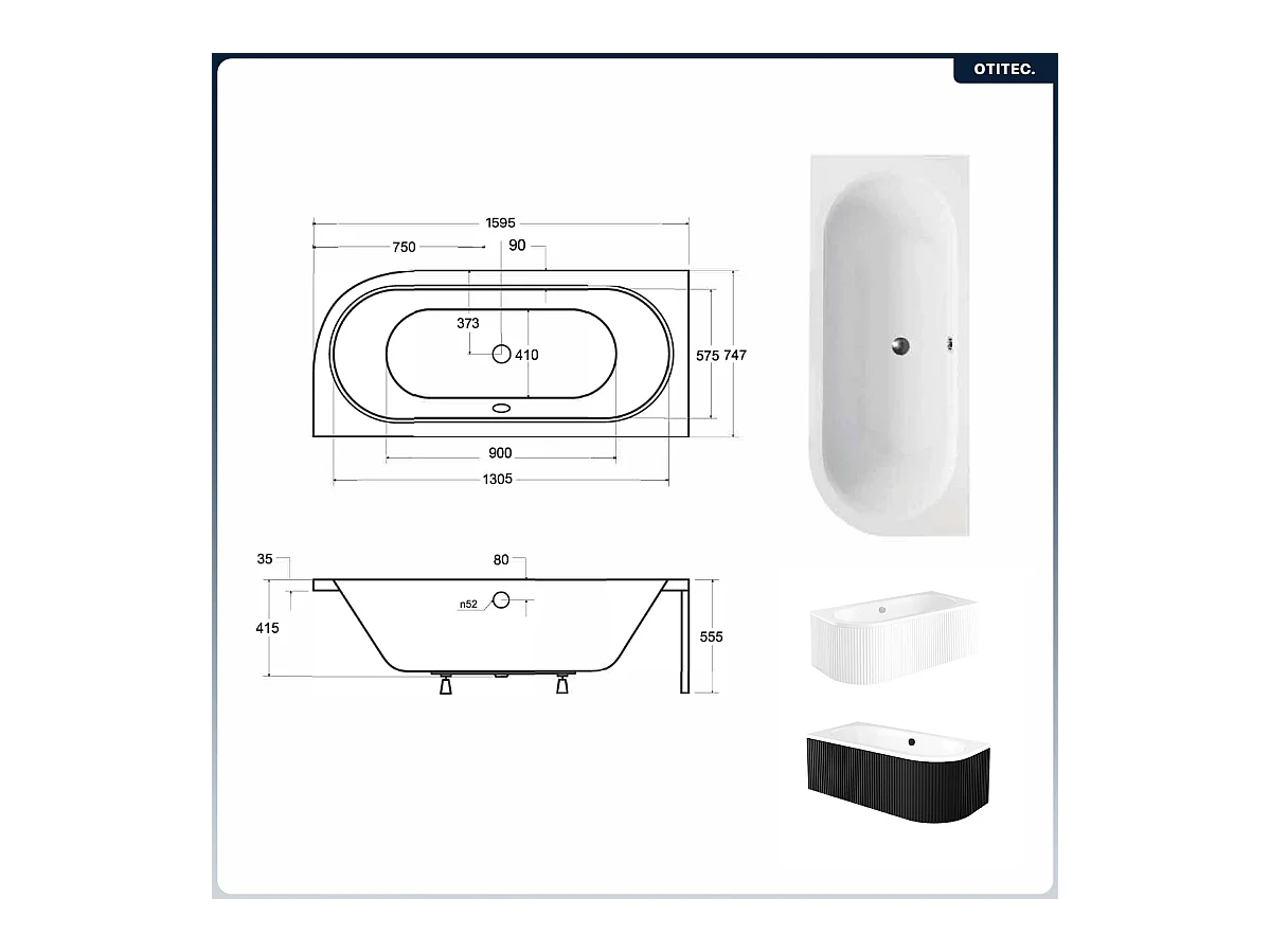 Baignoire asymétrique - 160 x 75 cm - Gauche - avec Tablier Rainuré - Siphon Chrome & Pieds - INCLUS - AVITA WHITE