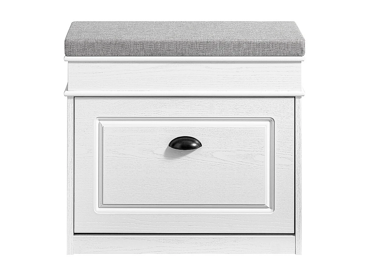 Banc d'entrée avec rangement abattant et coussin, effet bois blanc vieilli