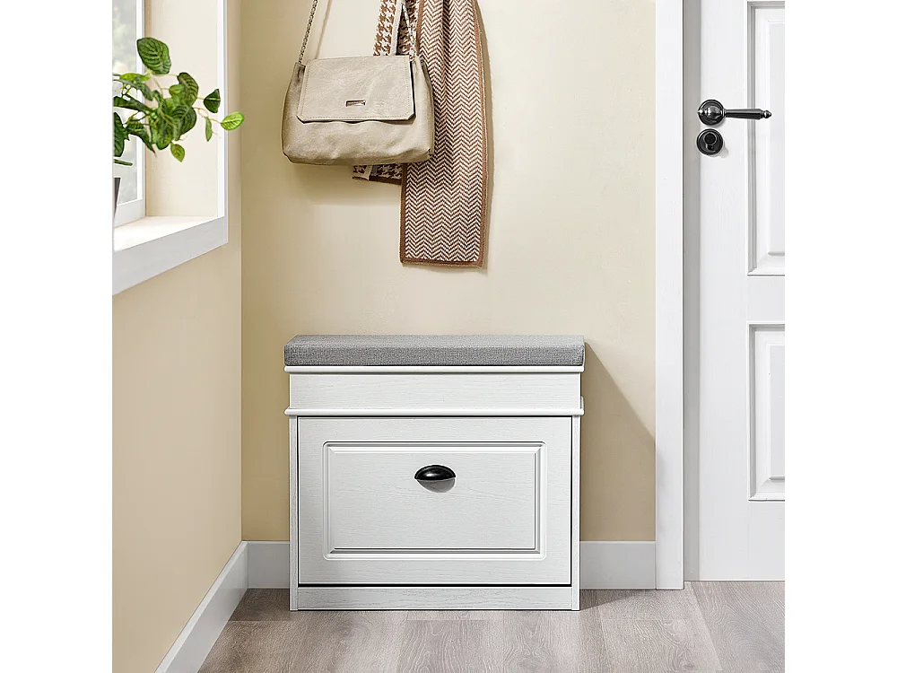 Banc d'entrée avec rangement abattant et coussin, effet bois blanc vieilli