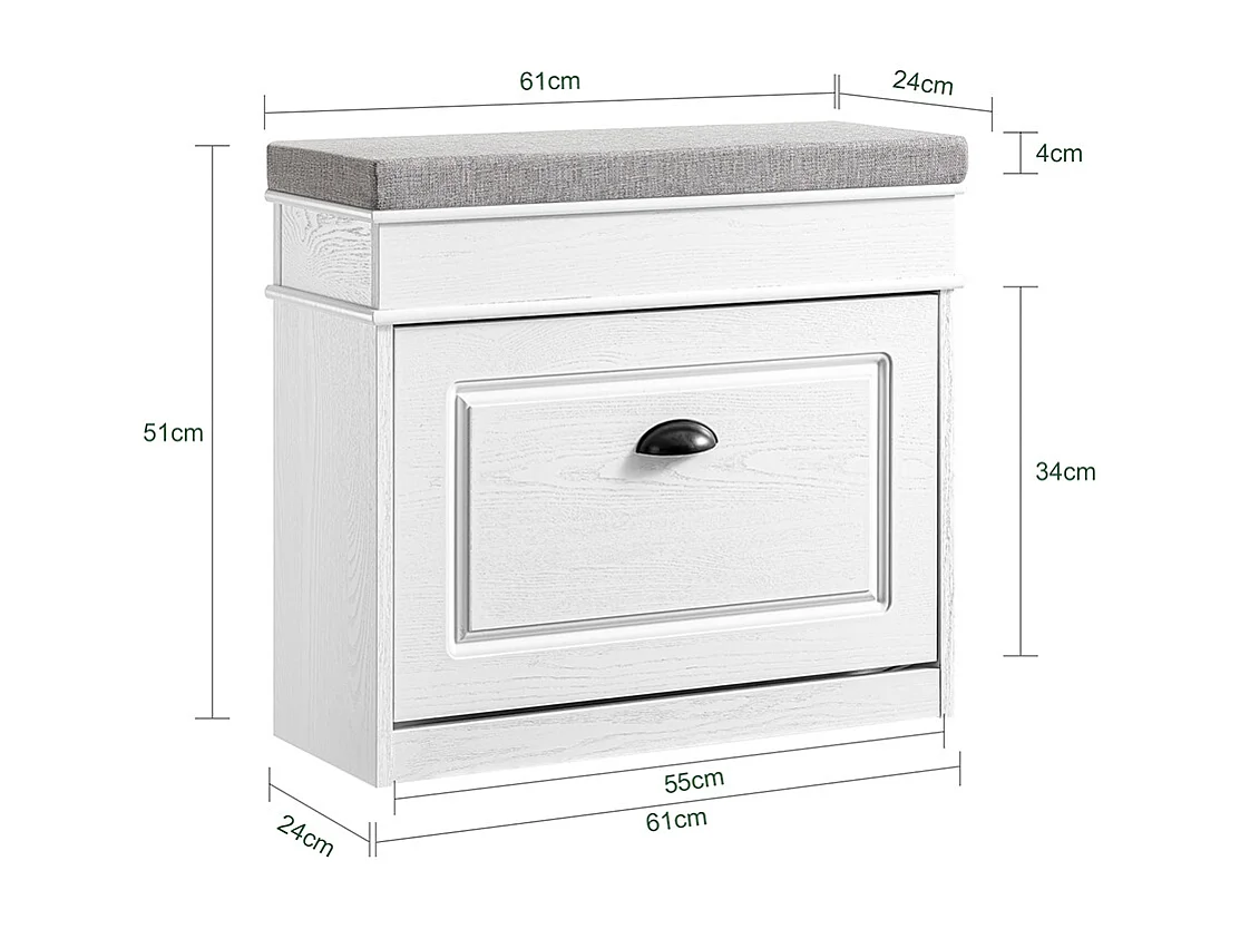 Banc d'entrée avec rangement abattant et coussin, effet bois blanc vieilli