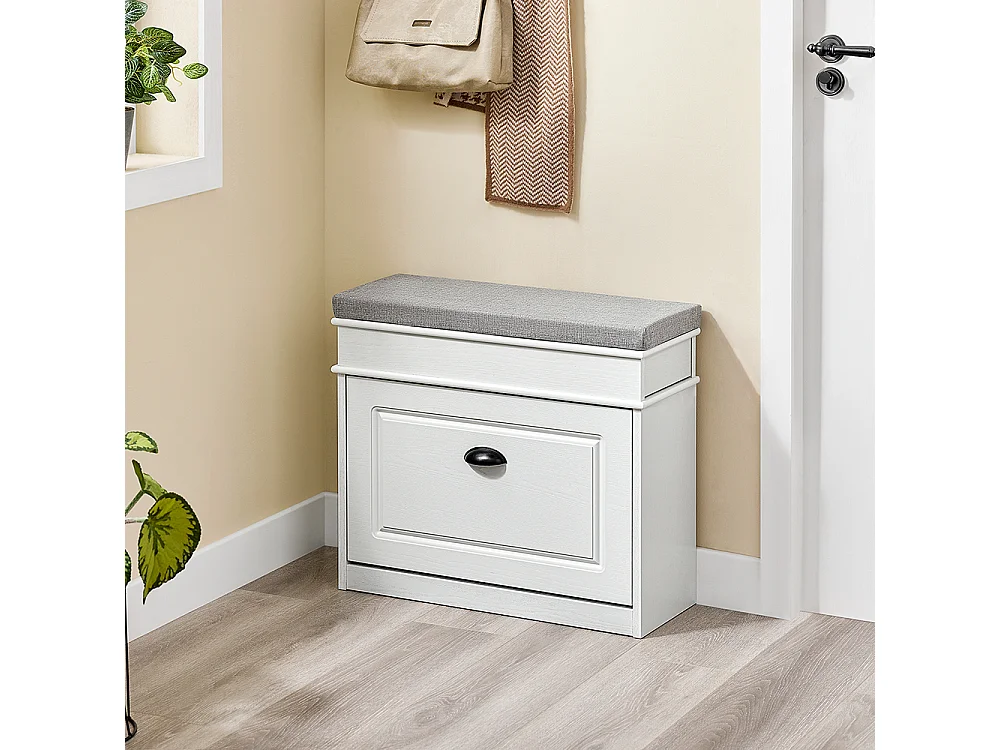 Banc d'entrée avec rangement abattant et coussin, effet bois blanc vieilli