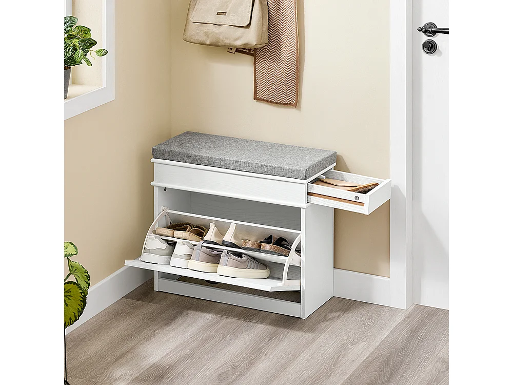 Banc d'entrée avec rangement abattant et coussin, effet bois blanc vieilli