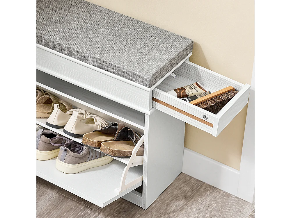 Banc d'entrée avec rangement abattant et coussin, effet bois blanc vieilli