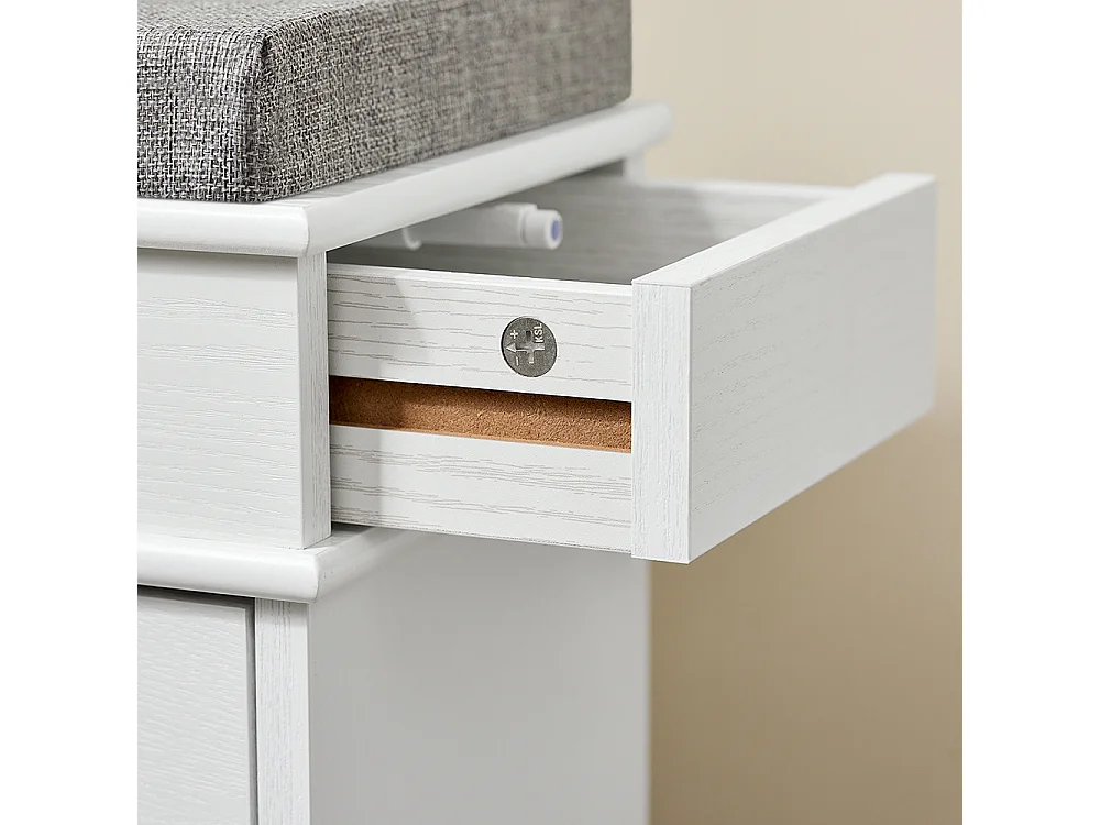 Banc d'entrée avec rangement abattant et coussin, effet bois blanc vieilli