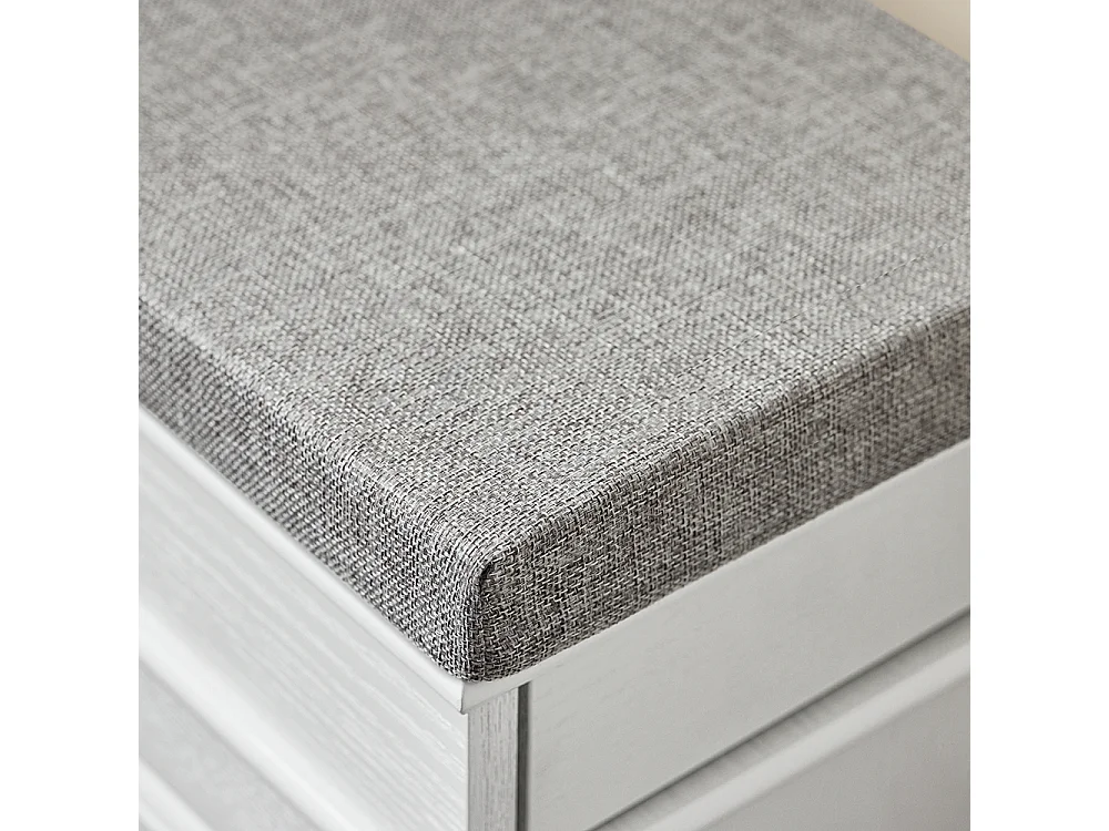 Banc d'entrée avec rangement abattant et coussin, effet bois blanc vieilli