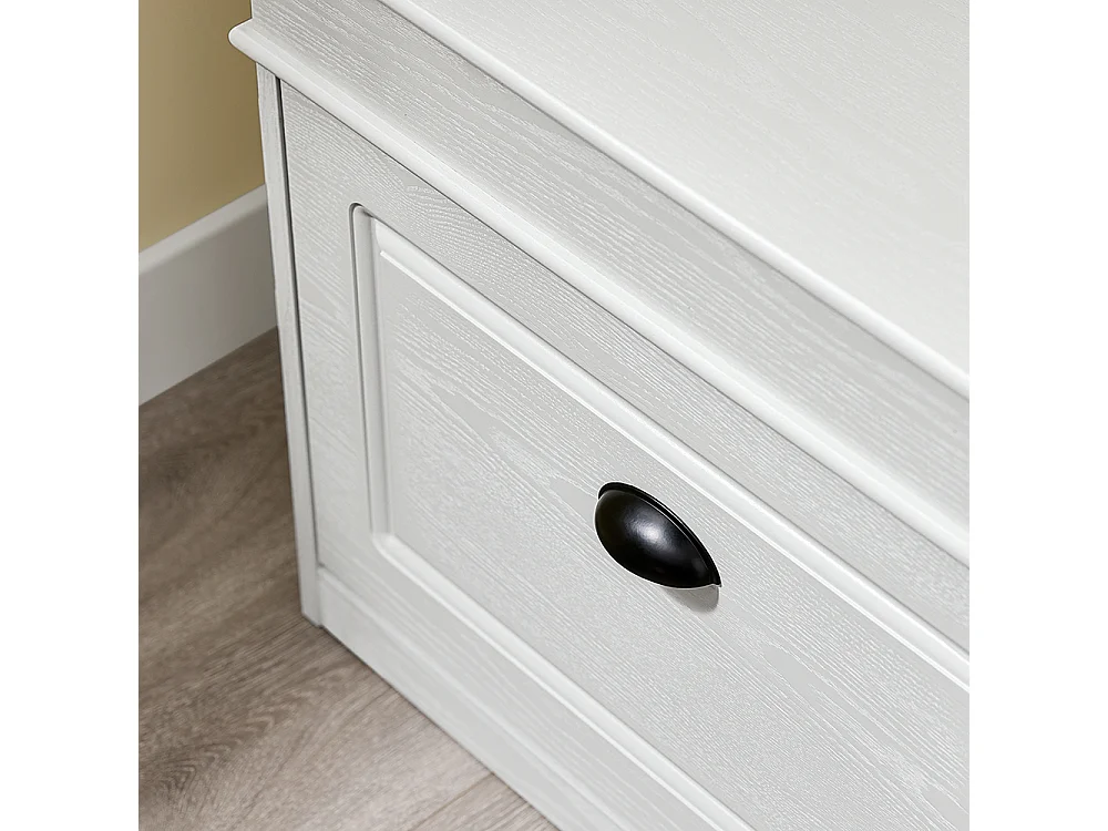 Banc d'entrée avec rangement abattant et coussin, effet bois blanc vieilli