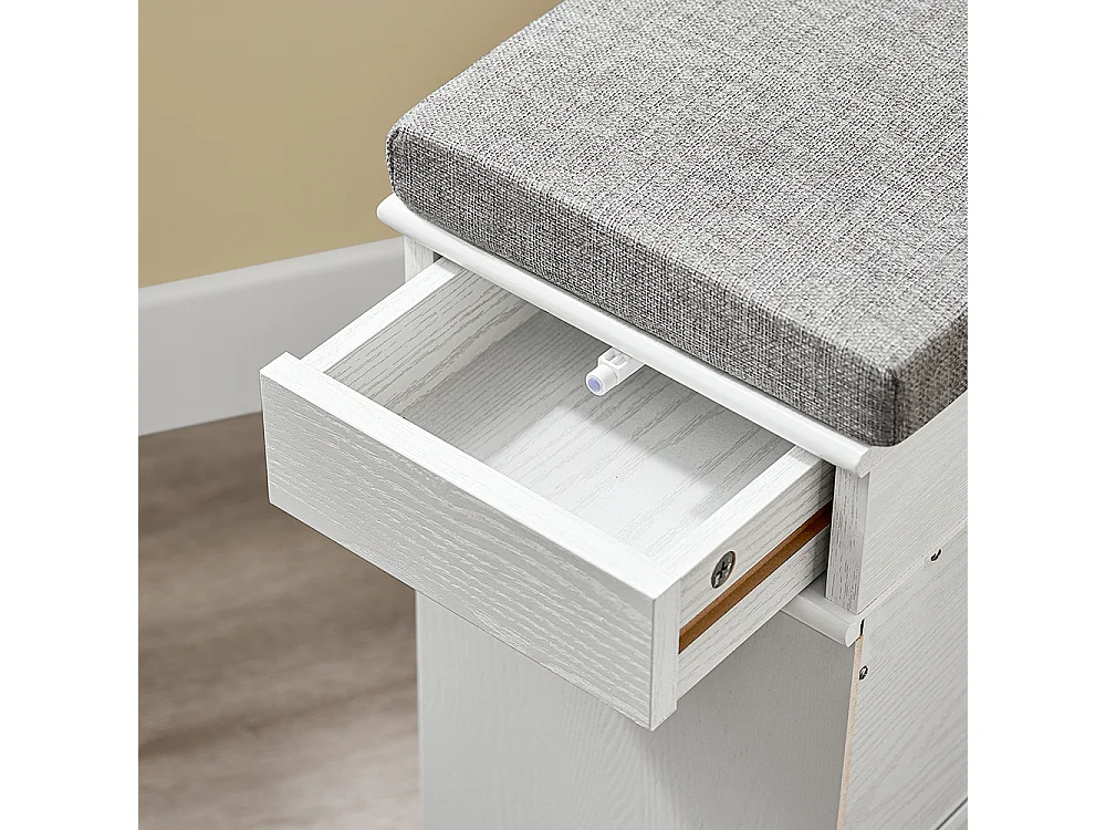 Banc d'entrée avec rangement abattant et coussin, effet bois blanc vieilli