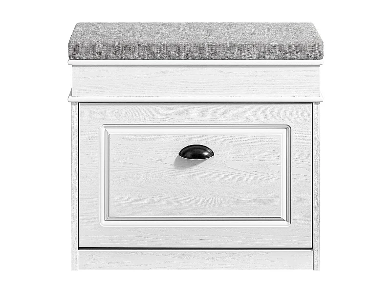 Banc d'entrée avec rangement abattant et coussin, effet bois blanc vieilli