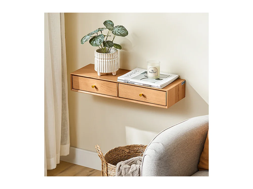 SoBuy Wandregal mit 2 Schubladen aus massiver Buche natur, 60x20x10 cm, FHK37-N