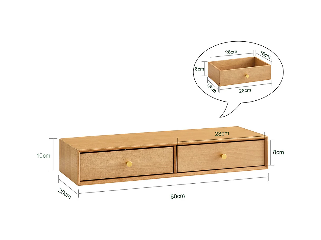 SoBuy Wandregal mit 2 Schubladen aus massiver Buche natur, 60x20x10 cm, FHK37-N