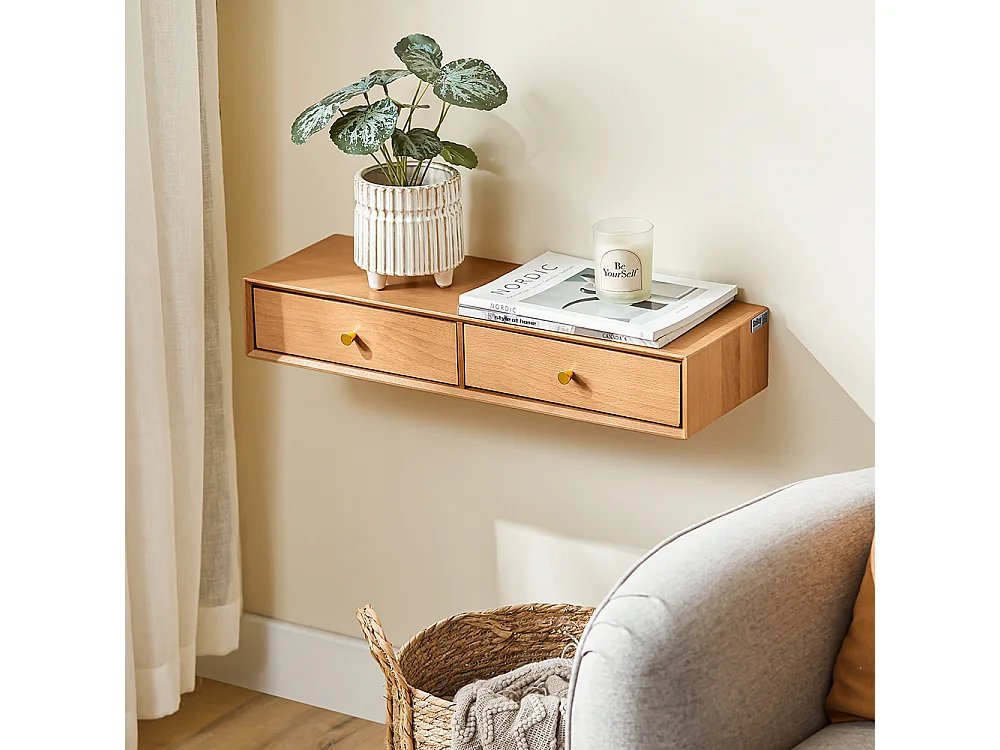 Regał wiszący z 2 szufladami, z litego buka naturalnego 60x20x10 cm do sypialni