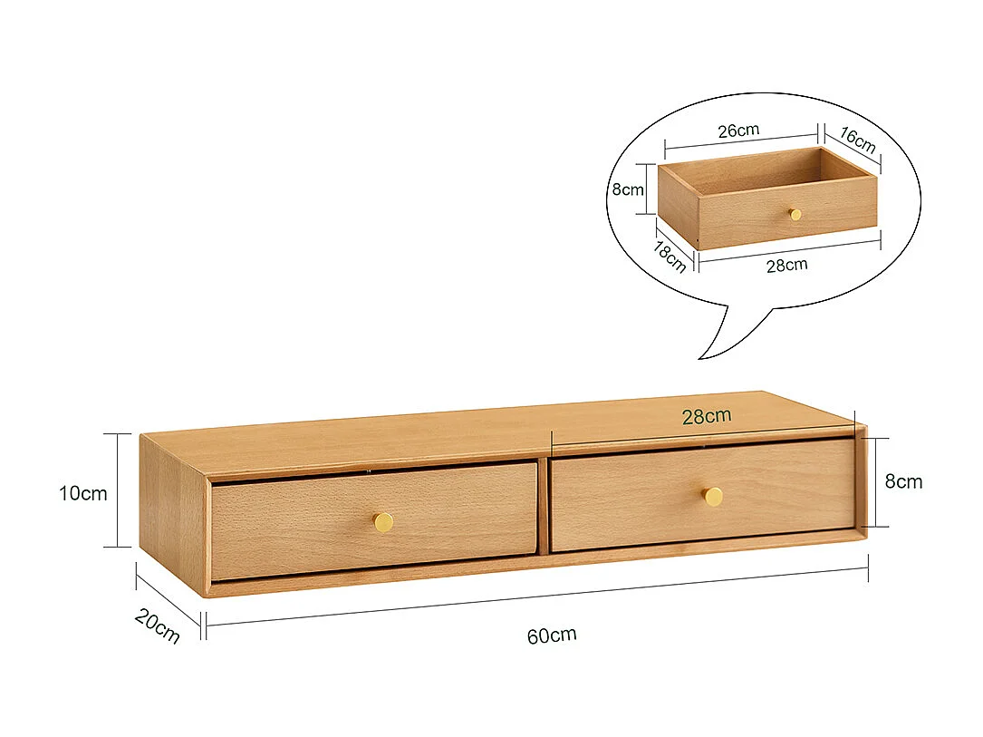 Regał wiszący z 2 szufladami, z litego buka naturalnego 60x20x10 cm do sypialni