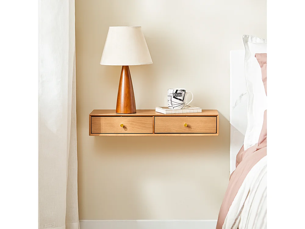 Regał wiszący z 2 szufladami, z litego buka naturalnego 60x20x10 cm do sypialni