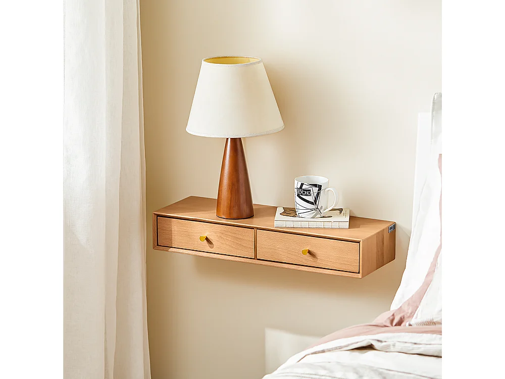 Regał wiszący z 2 szufladami, z litego buka naturalnego 60x20x10 cm do sypialni