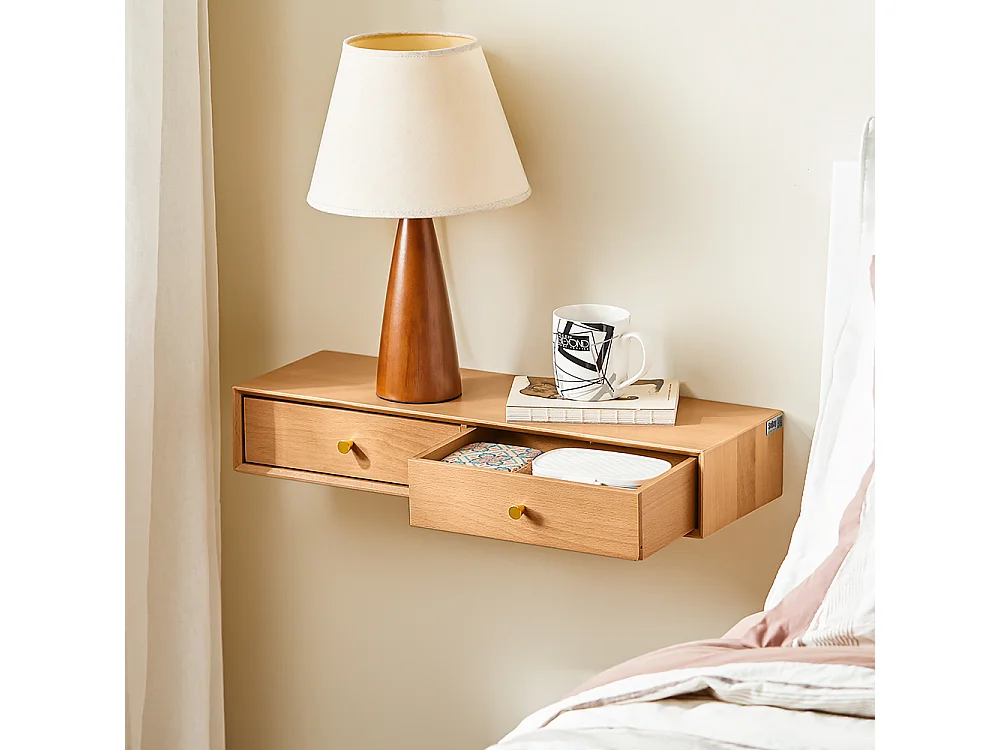 Regał wiszący z 2 szufladami, z litego buka naturalnego 60x20x10 cm do sypialni