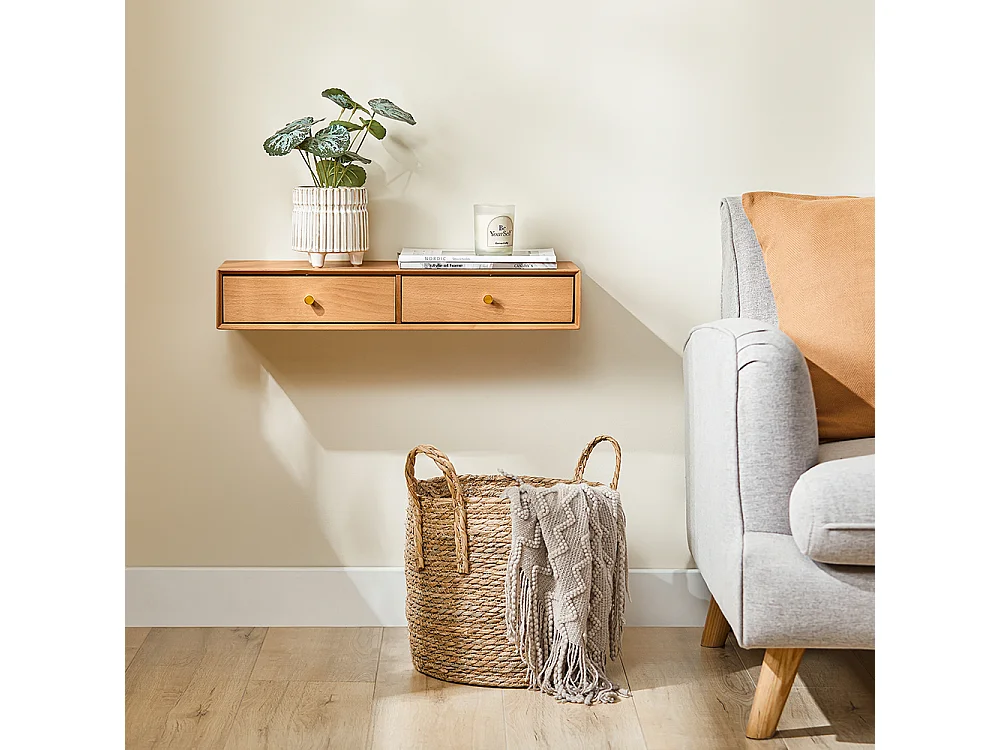 Regał wiszący z 2 szufladami, z litego buka naturalnego 60x20x10 cm do sypialni