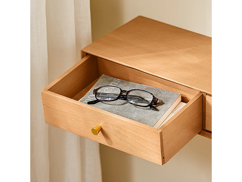 Regał wiszący z 2 szufladami, z litego buka naturalnego 60x20x10 cm do sypialni