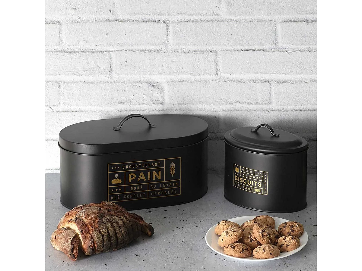Boîte à Pain en Métal Noir Mat et Doré - DEJNA