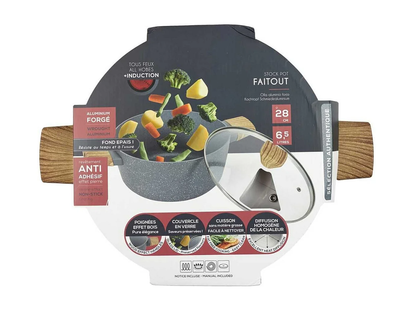 Faitout Aluminium Forgé 28cm avec Manche Effet Bois - Tous Feux (Induction), Compatible Lave-Vaisselle, Antiadhésif - PELAN