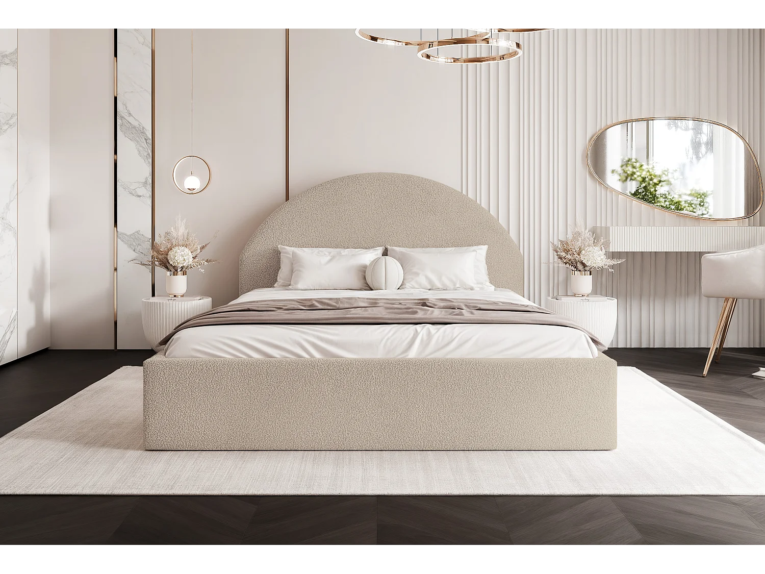 BESILIO Lit tapissé Boucle 120×200 Velora – sommier à lattes, tête de lit, coffre de rangement, lit slim – Beige