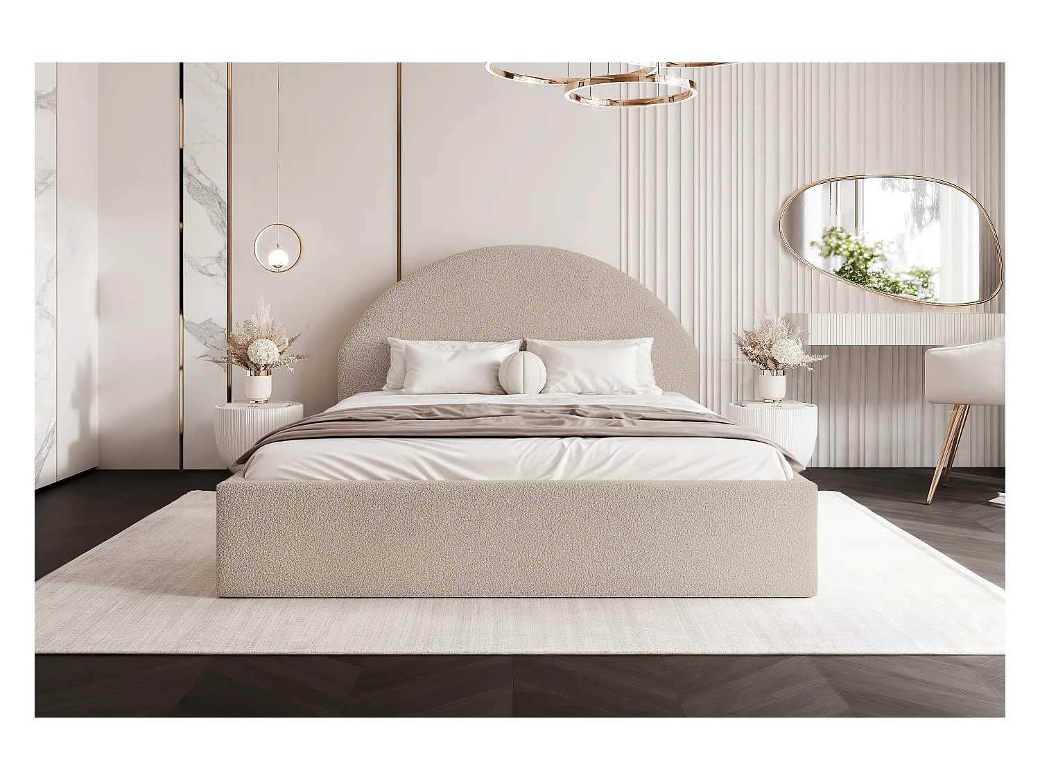 BESILIO Łóżko tapicerowane Boucle 140x200 Velora - stelaż listwowy, wezgłowie, pojemnik, łóżko slim - Beżowy