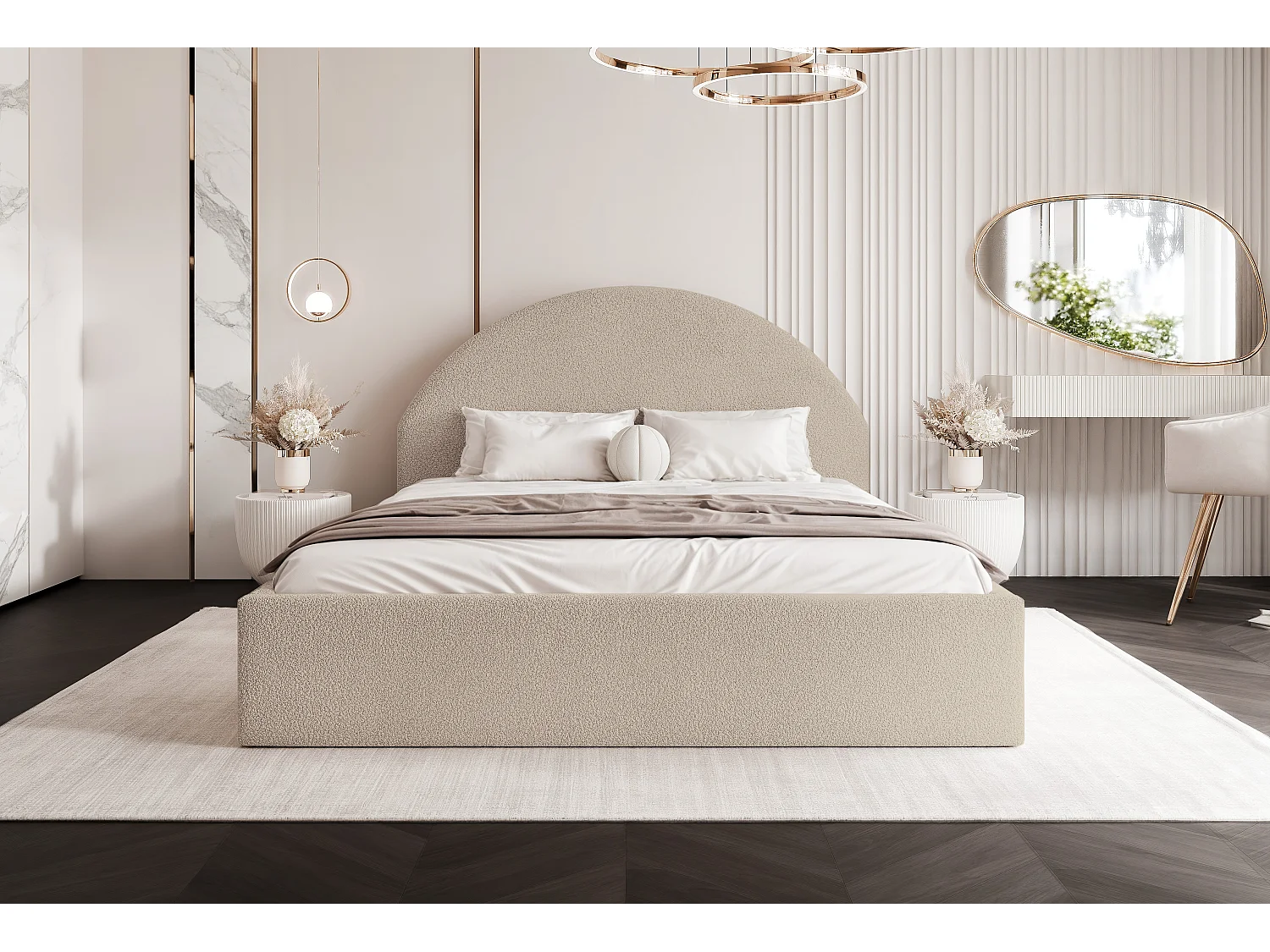 BESILIO Łóżko tapicerowane Boucle 140x200 Velora - stelaż listwowy, wezgłowie, pojemnik, łóżko slim - Beżowy