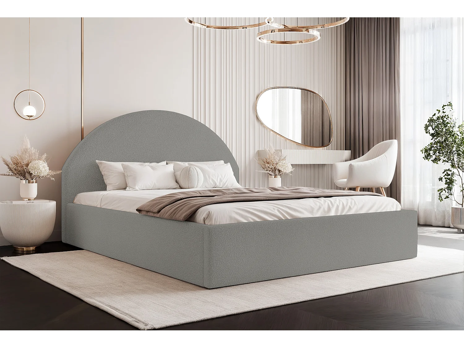 BESILIO Łóżko tapicerowane Boucle 160x200 Velora - stelaż listwowy, wezgłowie, pojemnik, łóżko slim - Jasnoszary