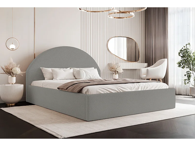 BESILIO Lit tapissé Boucle 160×200 Velora – sommier à lattes, tête de lit, coffre de rangement, lit slim – Gris clair