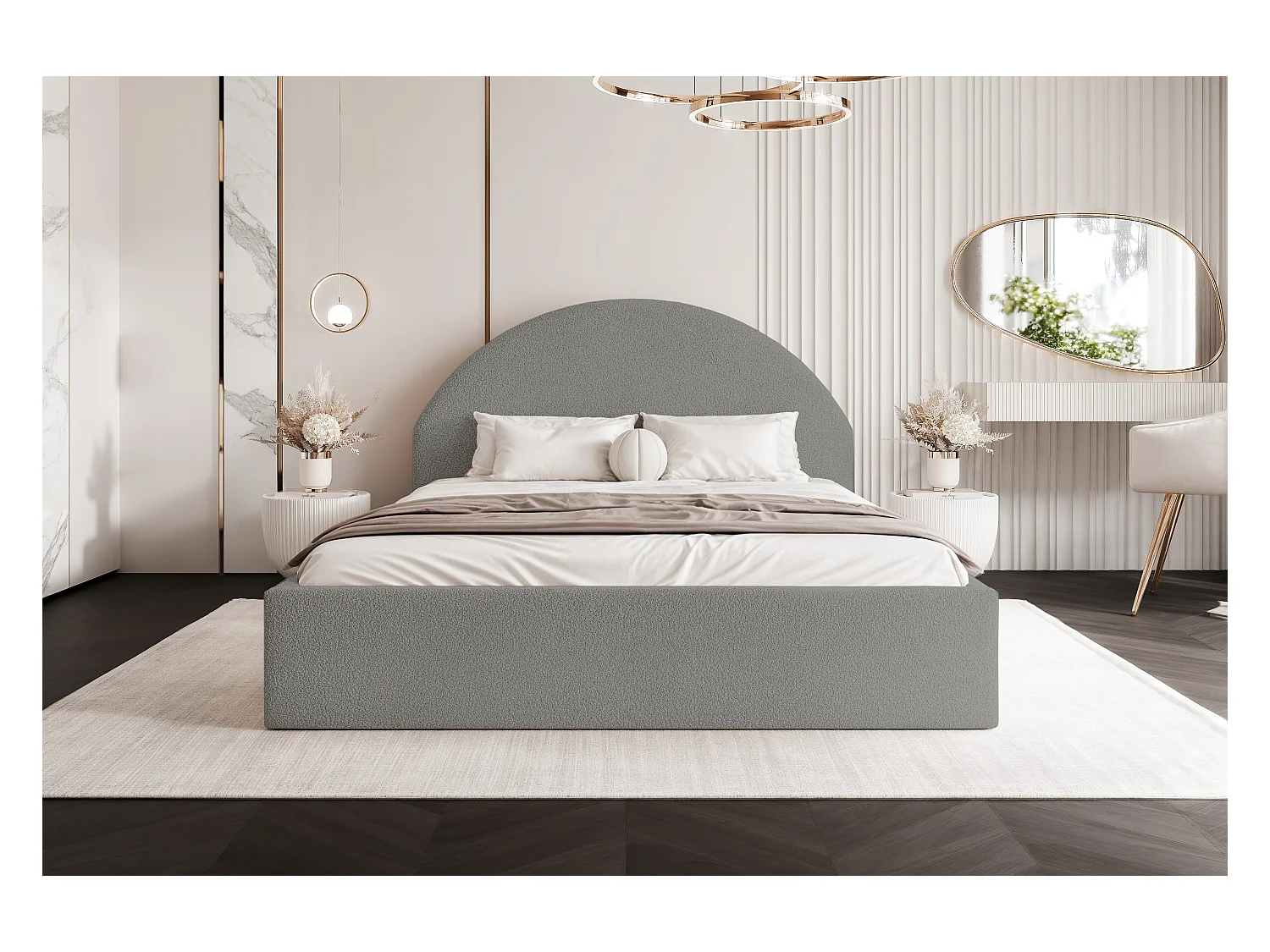 BESILIO Łóżko tapicerowane Boucle 140x200 Velora - stelaż listwowy, wezgłowie, pojemnik, łóżko slim - Jasnoszary