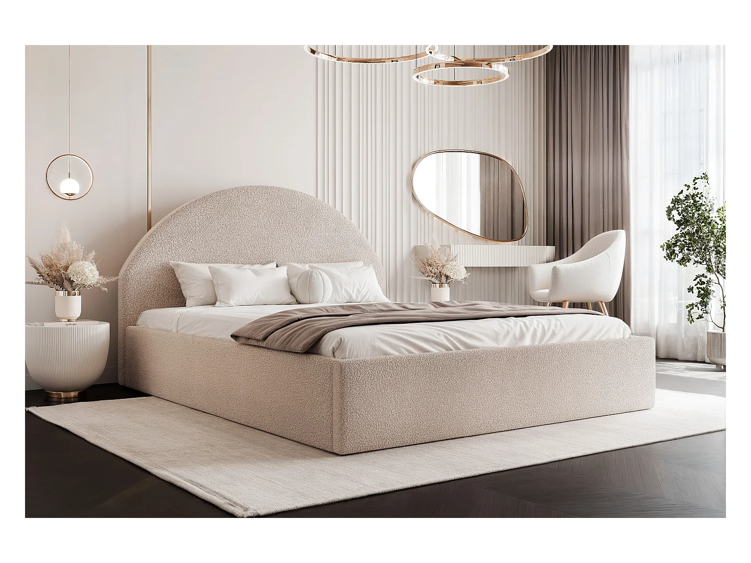 BESILIO Łóżko tapicerowane Boucle 160x200 Velora - stelaż listwowy, wezgłowie, pojemnik, łóżko slim - Beżowy