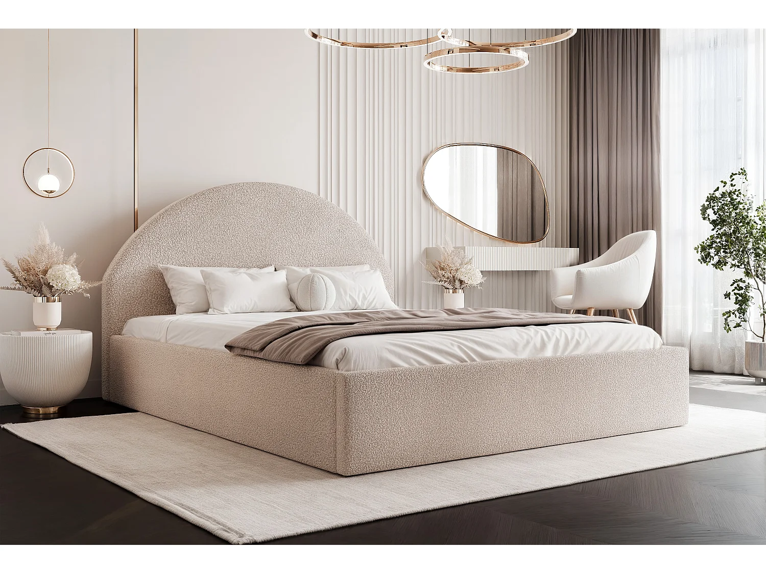 BESILIO Łóżko tapicerowane Boucle 160x200 Velora - stelaż listwowy, wezgłowie, pojemnik, łóżko slim - Beżowy