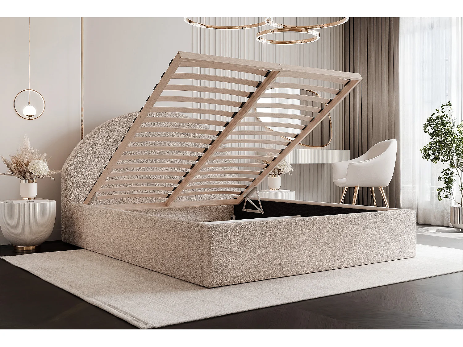 BESILIO Łóżko tapicerowane Boucle 160x200 Velora- stelaż listwowy, wezgłowie, pojemnik, łóżko slim - Biały