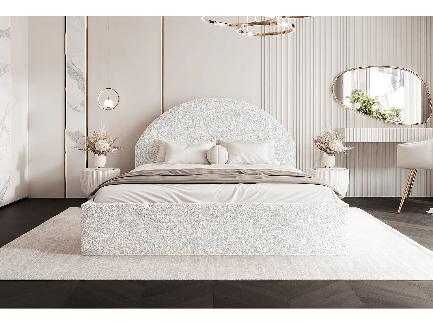 BESILIO Łóżko tapicerowane Boucle 160x200 Velora- stelaż listwowy, wezgłowie, pojemnik, łóżko slim - Biały