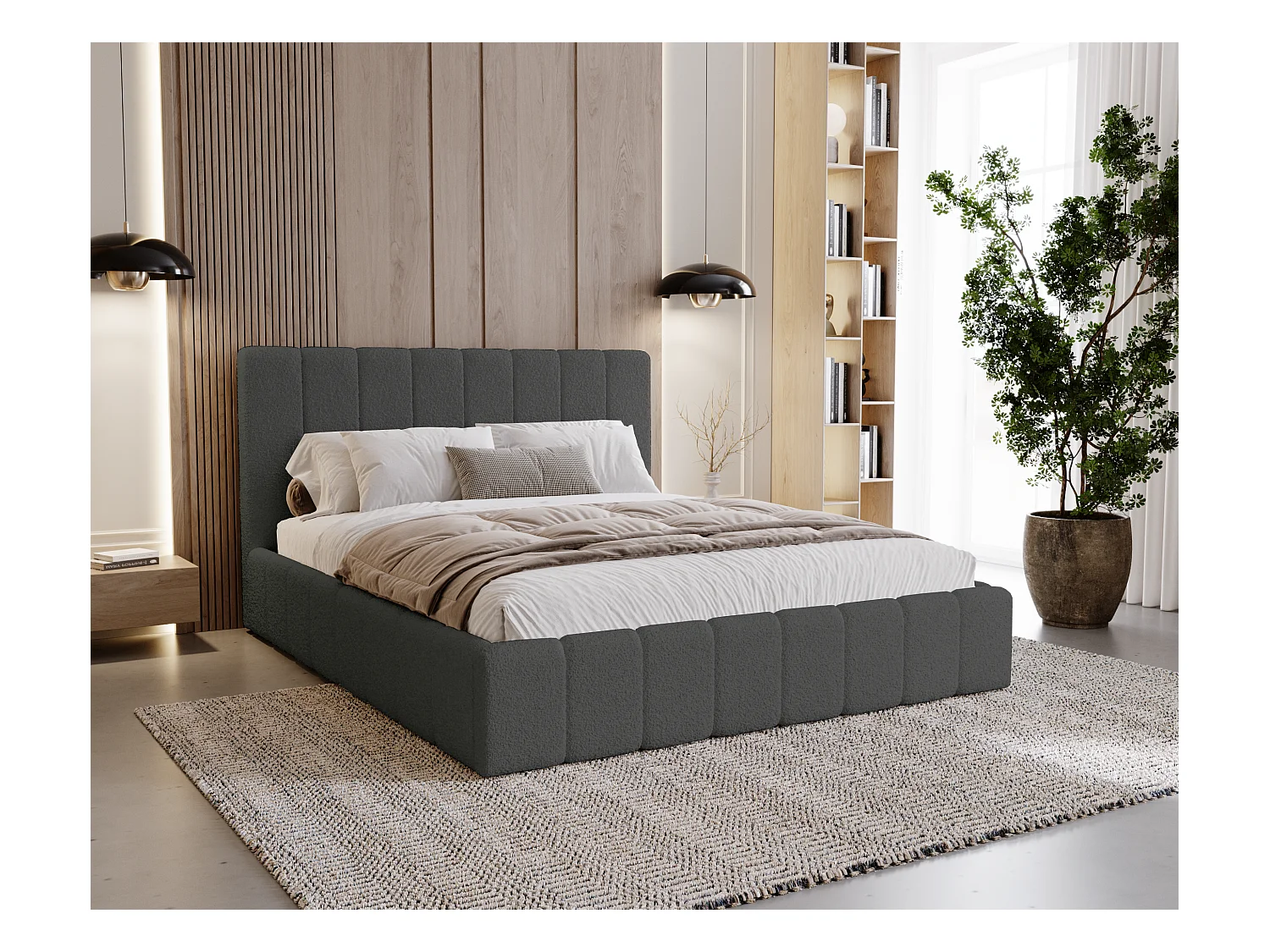 BESILIO Sypialnia łóżko slim 140x200 Lexy - stelaż metalowy, pojemnik na pościel, slim łóżko, tkanina boucle - Szary