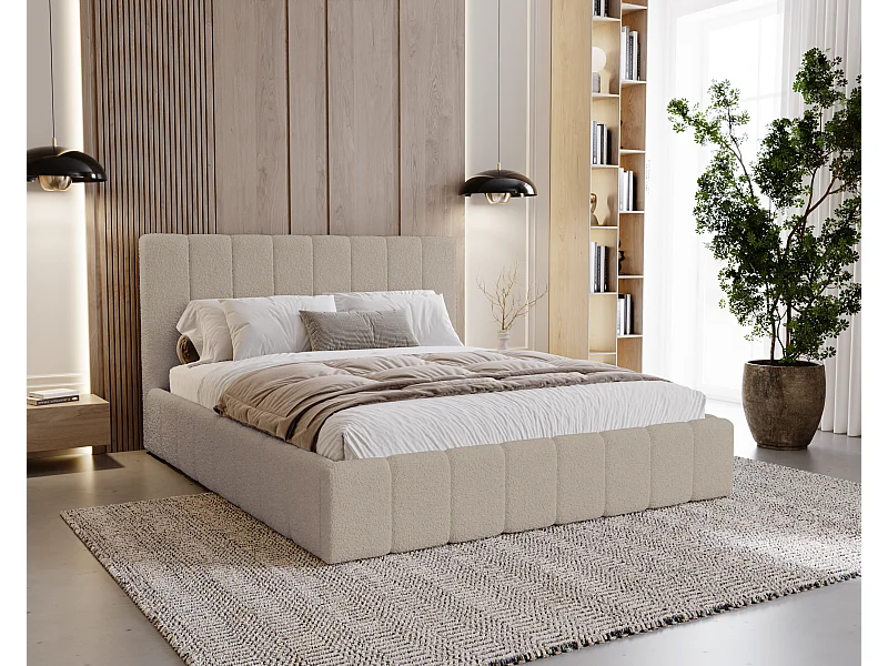 BESILIO Lit de chambre Slim 120x200 Lexy – cadre en métal, coffre de rangement pour le linge de lit, lit fin, tissu bouclé – Beige