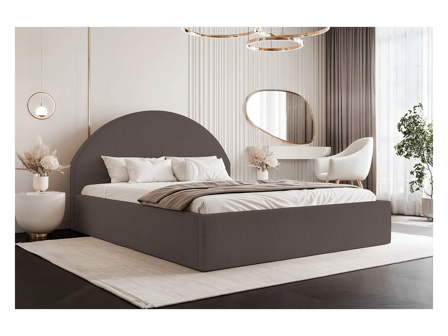 BESILIO Łóżko tapicerowane Boucle 160x200 Velora- stelaż listwowy, wezgłowie, pojemnik, łóżko slim - Brązowy