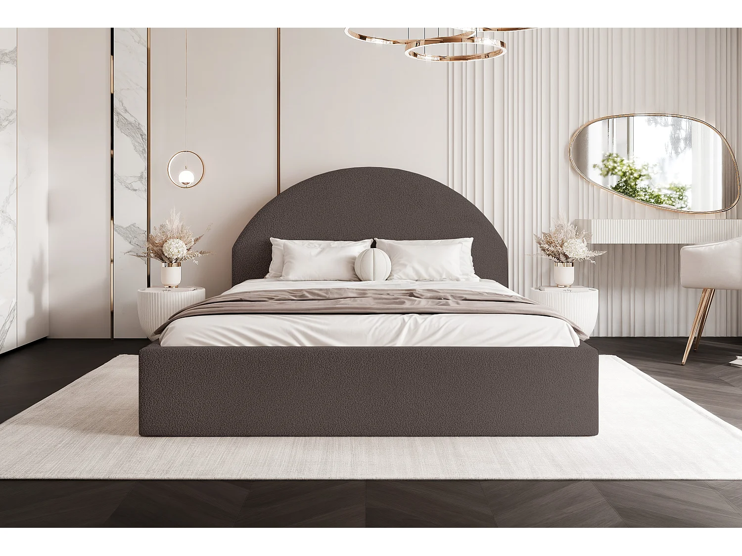 BESILIO Łóżko tapicerowane Boucle 160x200 Velora- stelaż listwowy, wezgłowie, pojemnik, łóżko slim - Brązowy