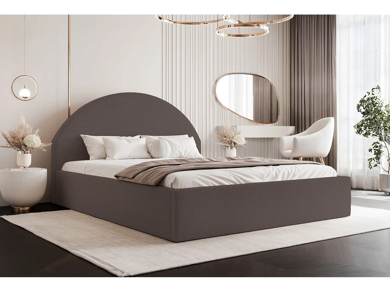 BESILIO Łóżko tapicerowane Boucle 160x200 Velora- stelaż listwowy, wezgłowie, pojemnik, łóżko slim - Brązowy