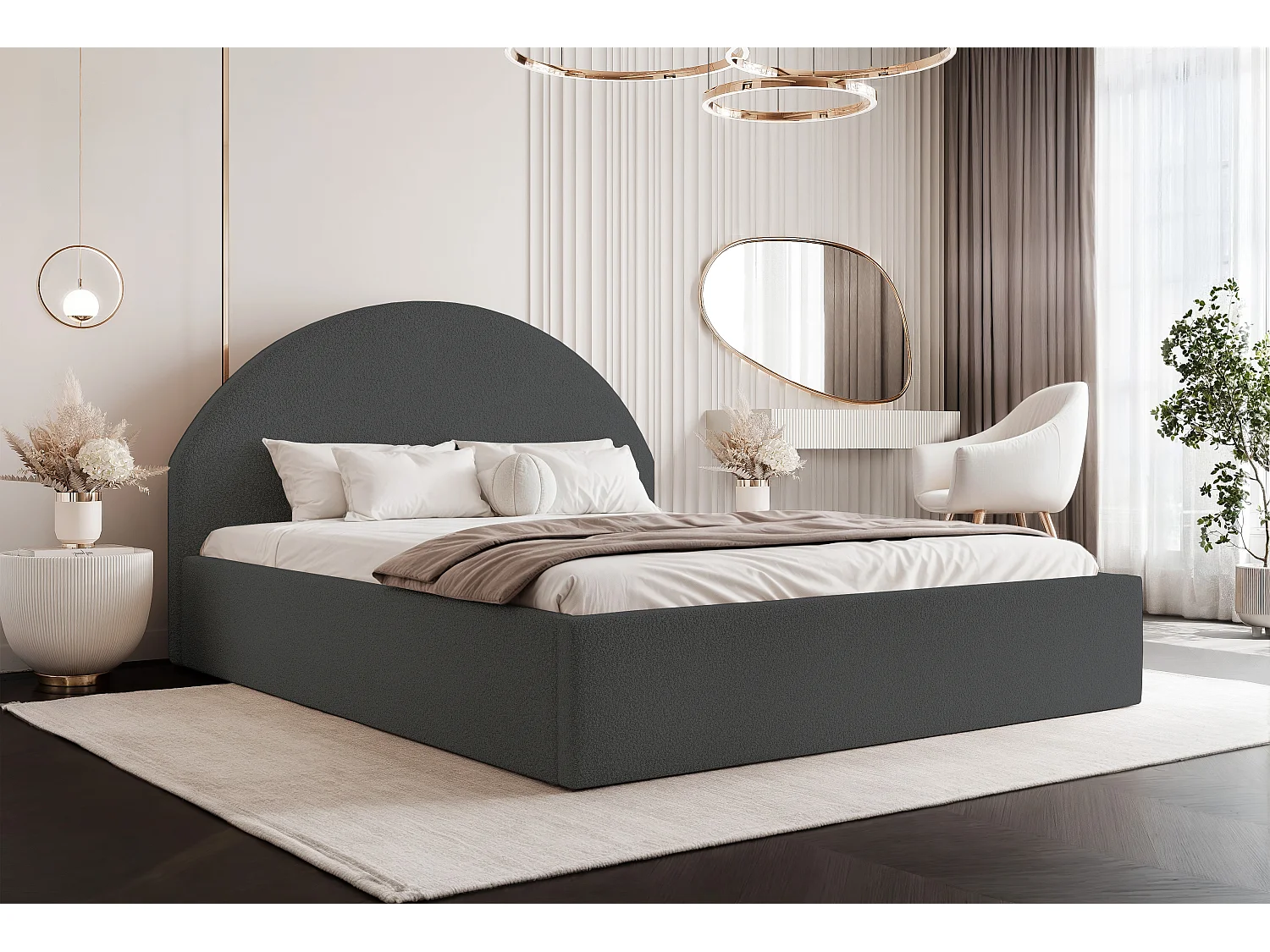 BESILIO Łóżko tapicerowane Boucle 160x200 Velora - stelaż listwowy, wezgłowie, pojemnik, łóżko slim - Szary