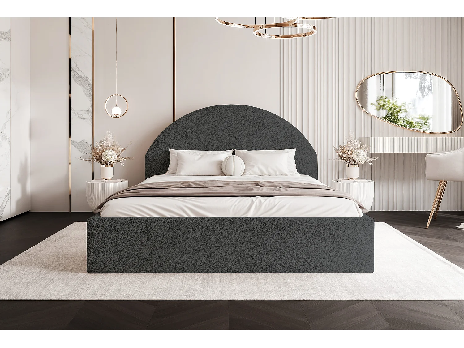 BESILIO Łóżko tapicerowane Boucle 160x200 Velora - stelaż listwowy, wezgłowie, pojemnik, łóżko slim - Szary