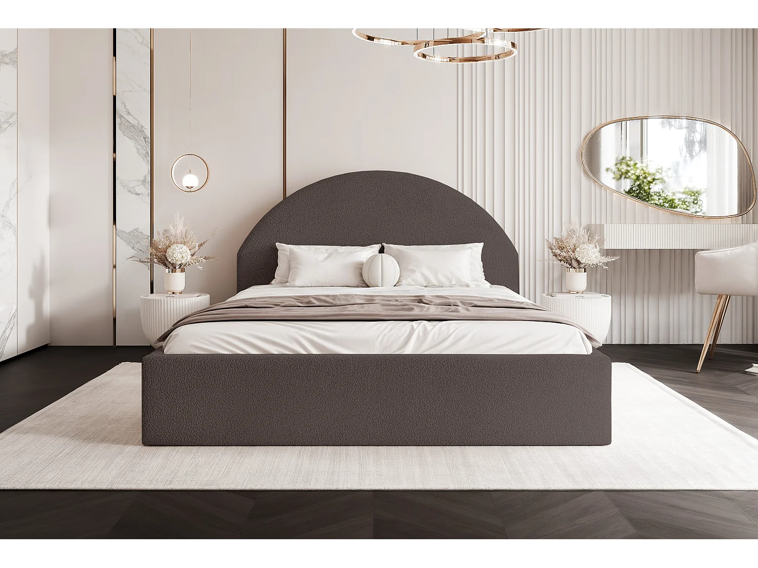 BESILIO Lit tapissé Boucle 180×200 Velora – sommier à lattes, tête de lit, coffre de rangement, lit slim – Marron