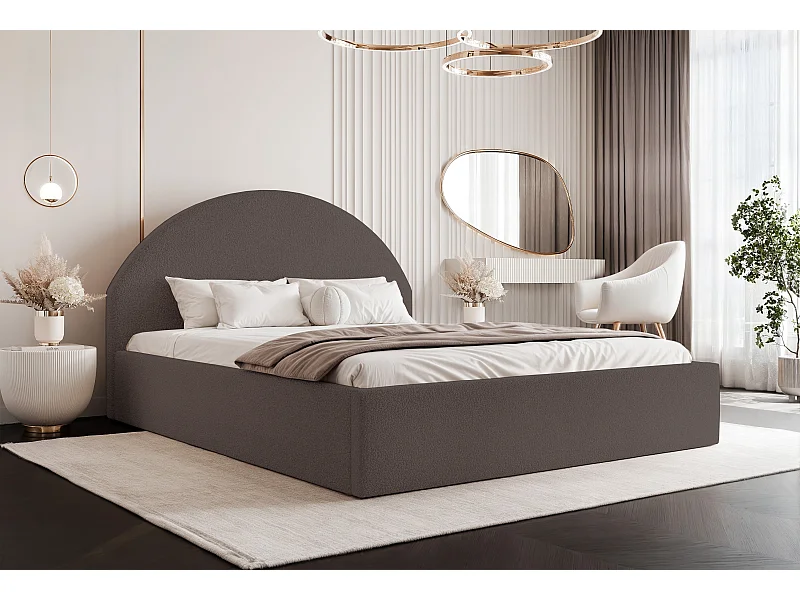 BESILIO Lit tapissé Boucle 180×200 Velora – sommier à lattes, tête de lit, coffre de rangement, lit slim – Marron